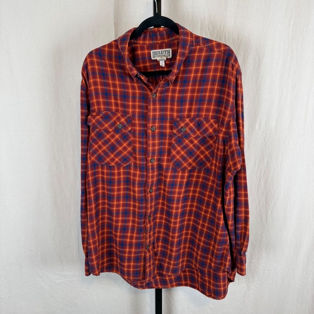 Duluth Trading Plaid Flannel Shirt Mens XL Orange Blue Long Sleeve‎ Cotton Blend